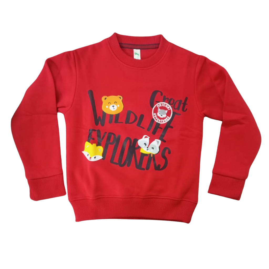 Sweatshirt with Cartoon Animal Faces and WILDLIFE EXPLORERS Front Print