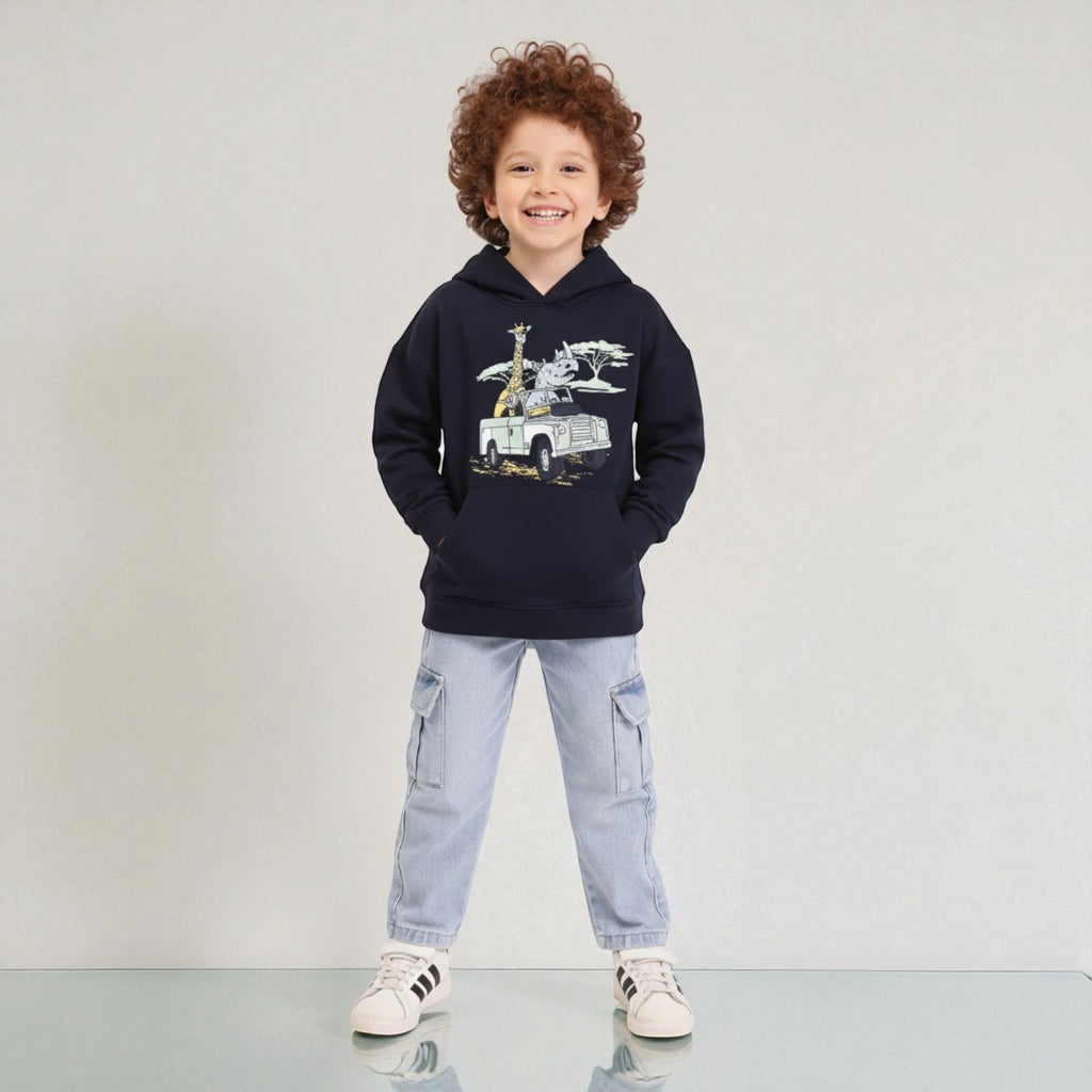 Hoodie With Front Print Giraffe & Rhino Safari