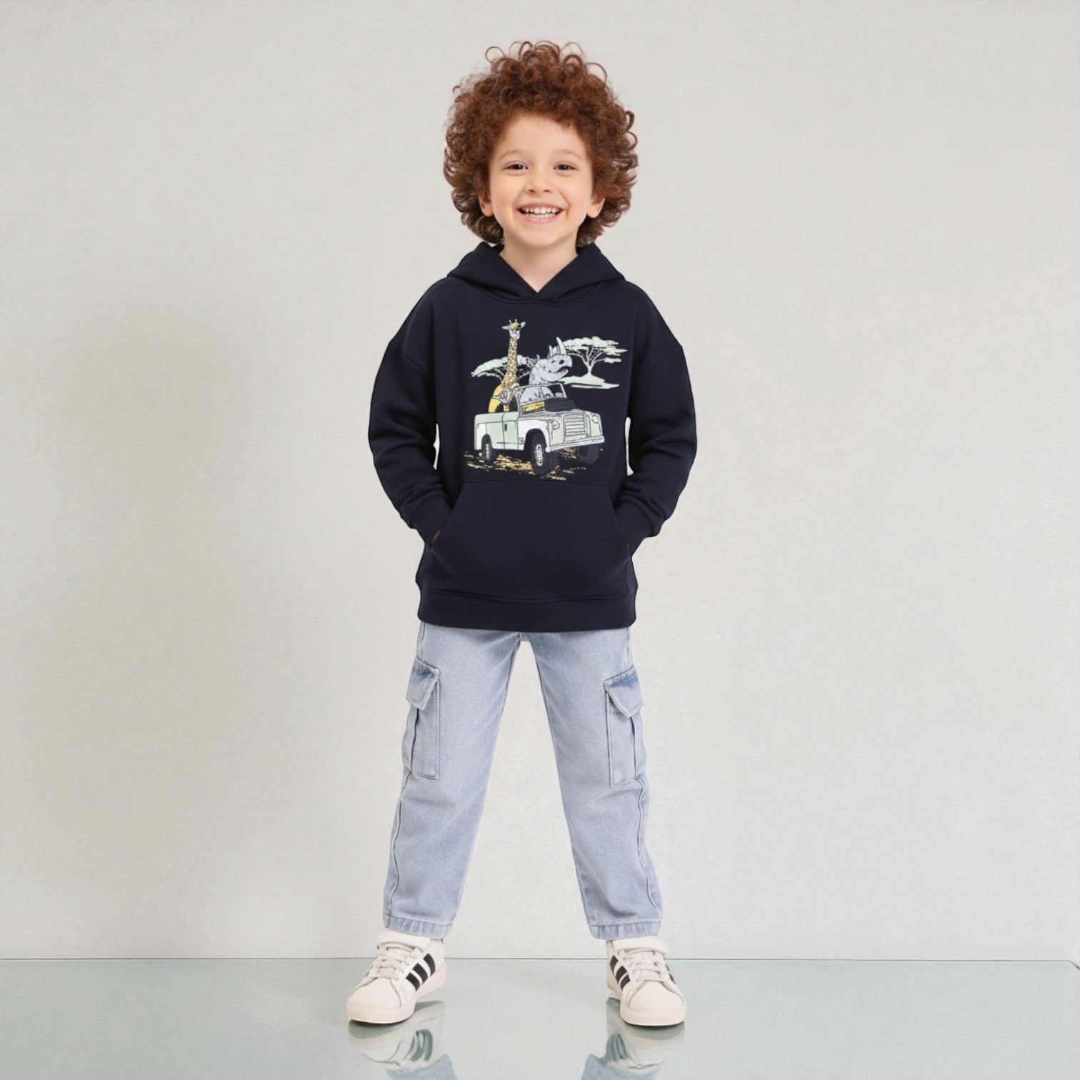 Hoodie With Front Print Giraffe & Rhino Safari