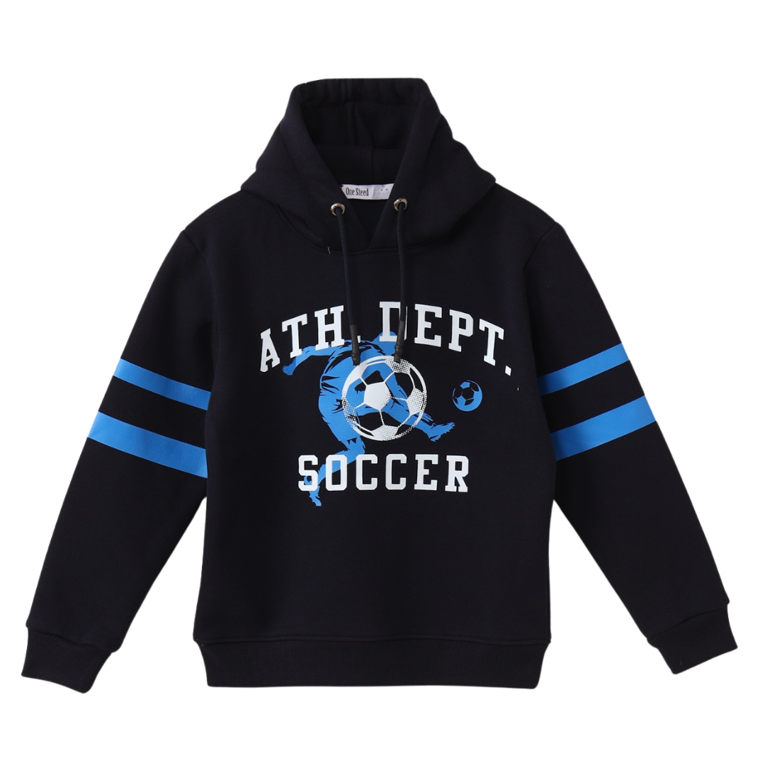 Hoodie Print Soccer Football And Two Blue Stripes On The Sleeves