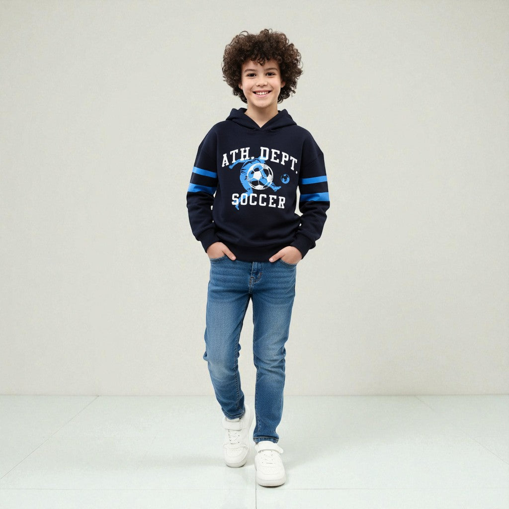 Hoodie Print Soccer Football And Two Blue Stripes On The Sleeves