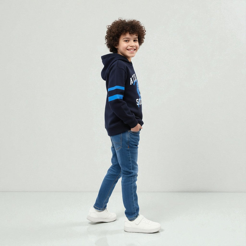 Hoodie Print Soccer Football And Two Blue Stripes On The Sleeves