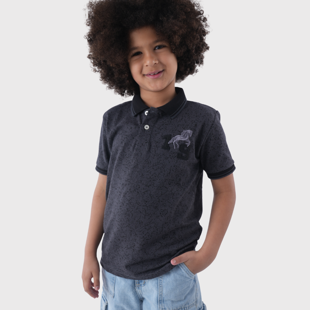 Dark Gray Textured Polo Shirt With Denim Shorts
