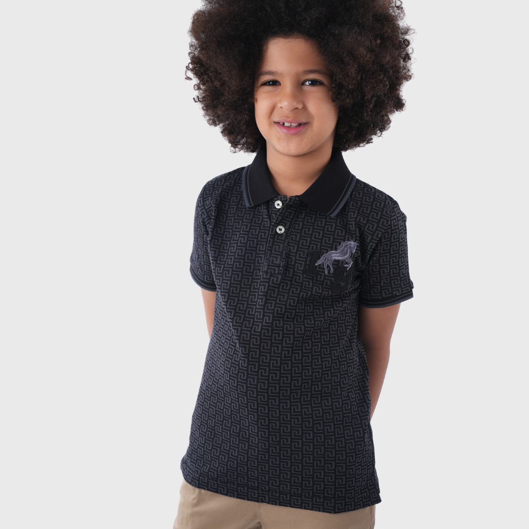 Dark Geometric Polo Shirt With Light Brown Pants