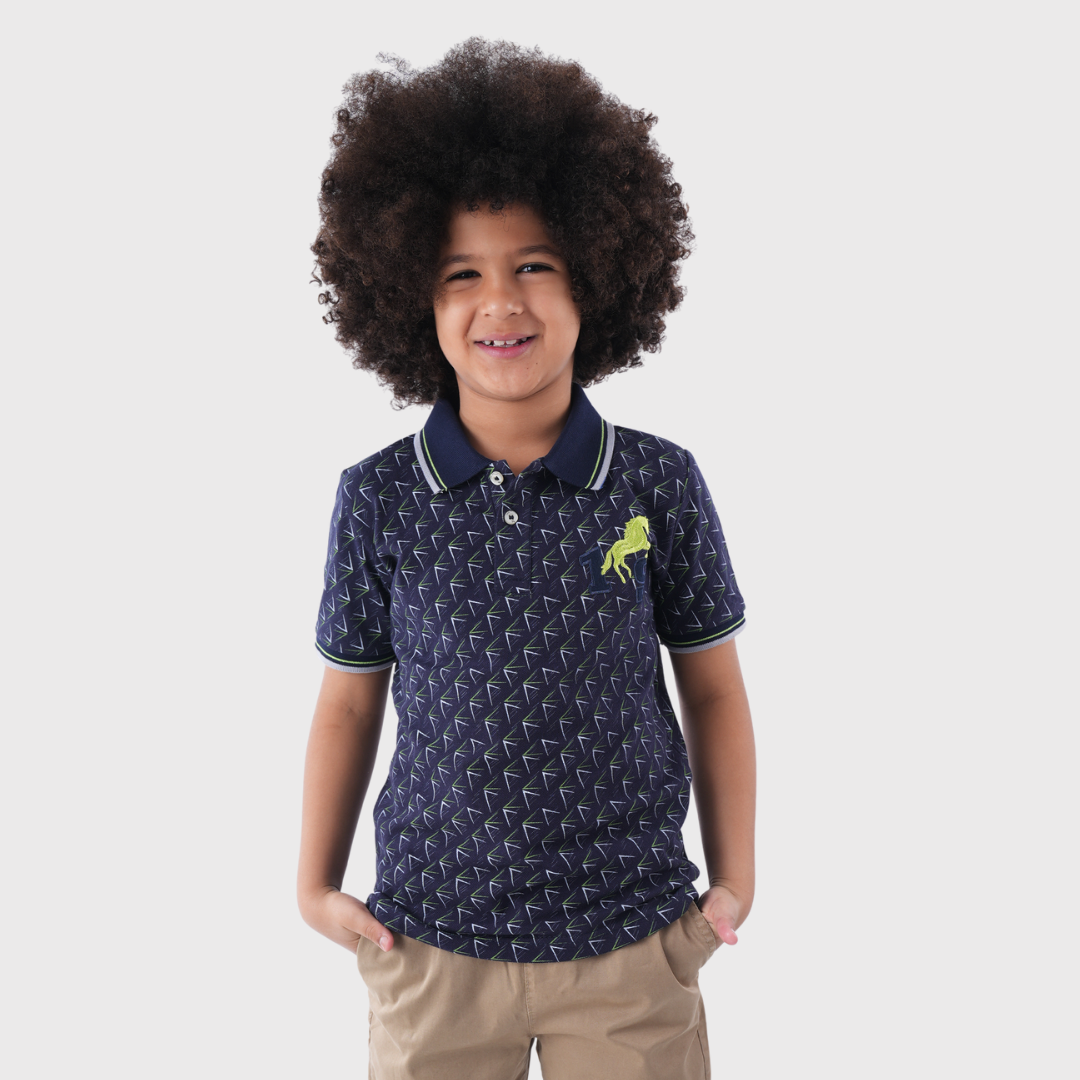 Navy Blue Patterned Polo Shirt With Beige Pants