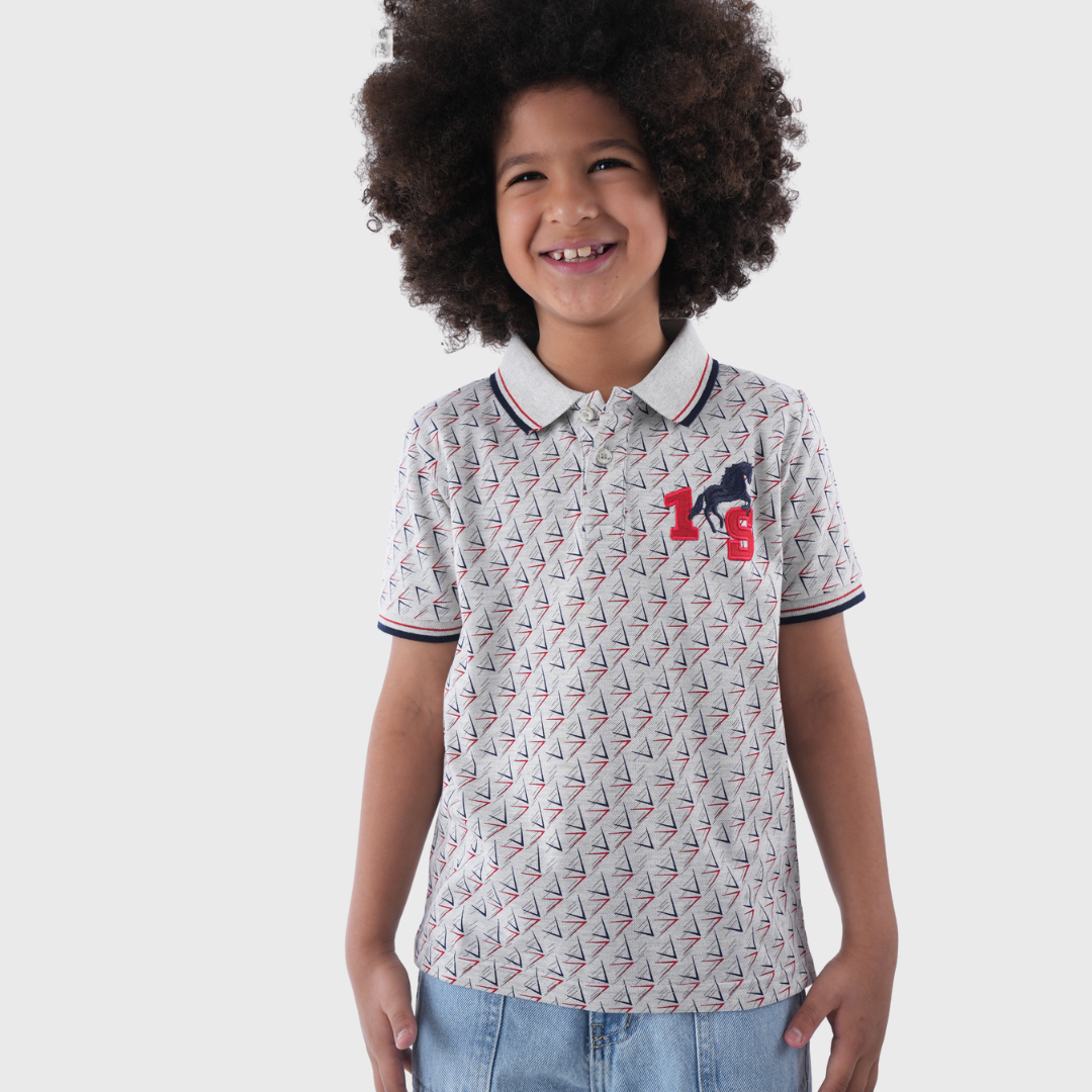White Triangular Pattern Polo Shirt With Denim Pants