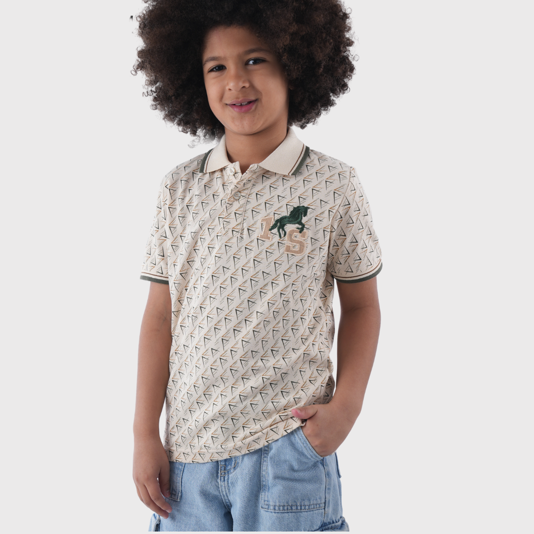 Beige Patterned Polo Shirt With Denim Shorts