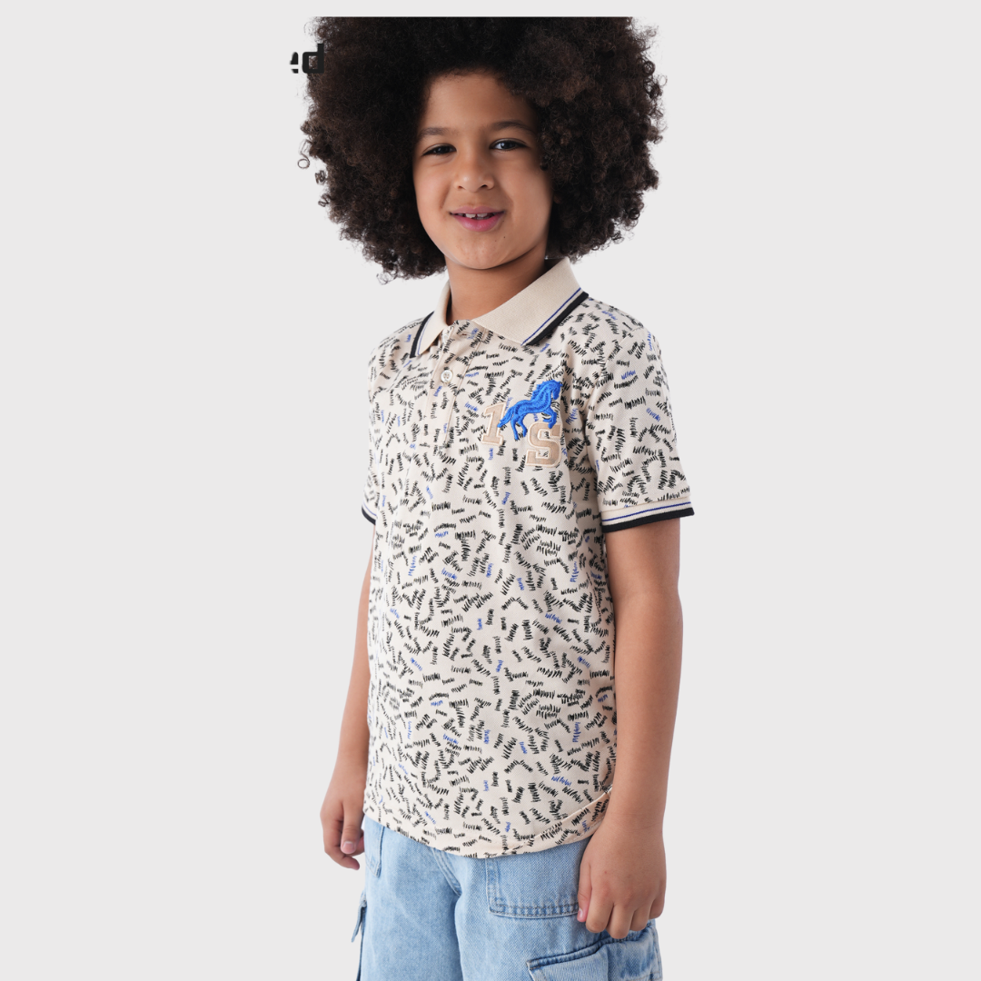 Beige Patterned Polo Shirt With Denim Shorts