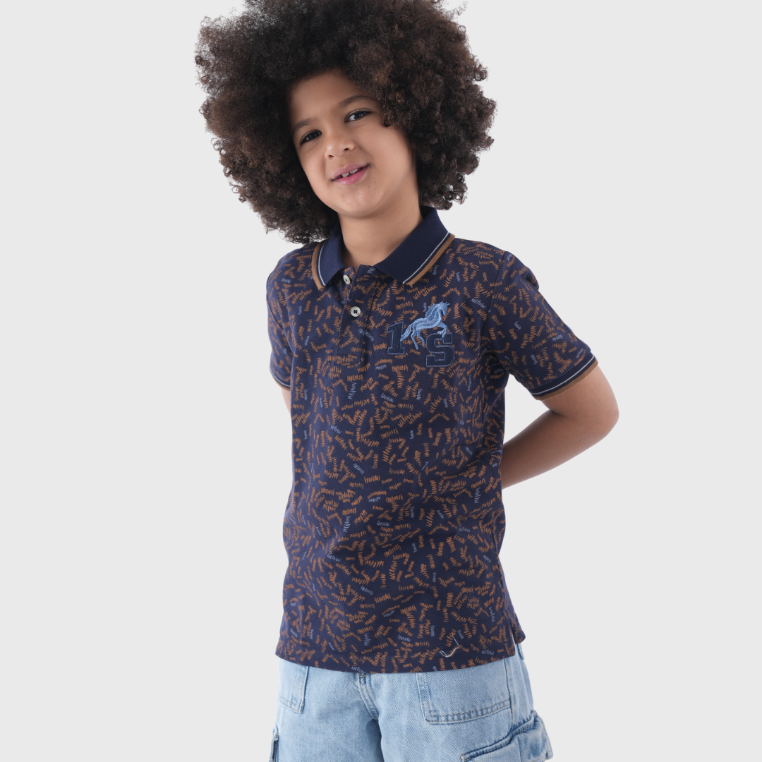 Navy Blue Patterned Polo Shirt With Denim Pants