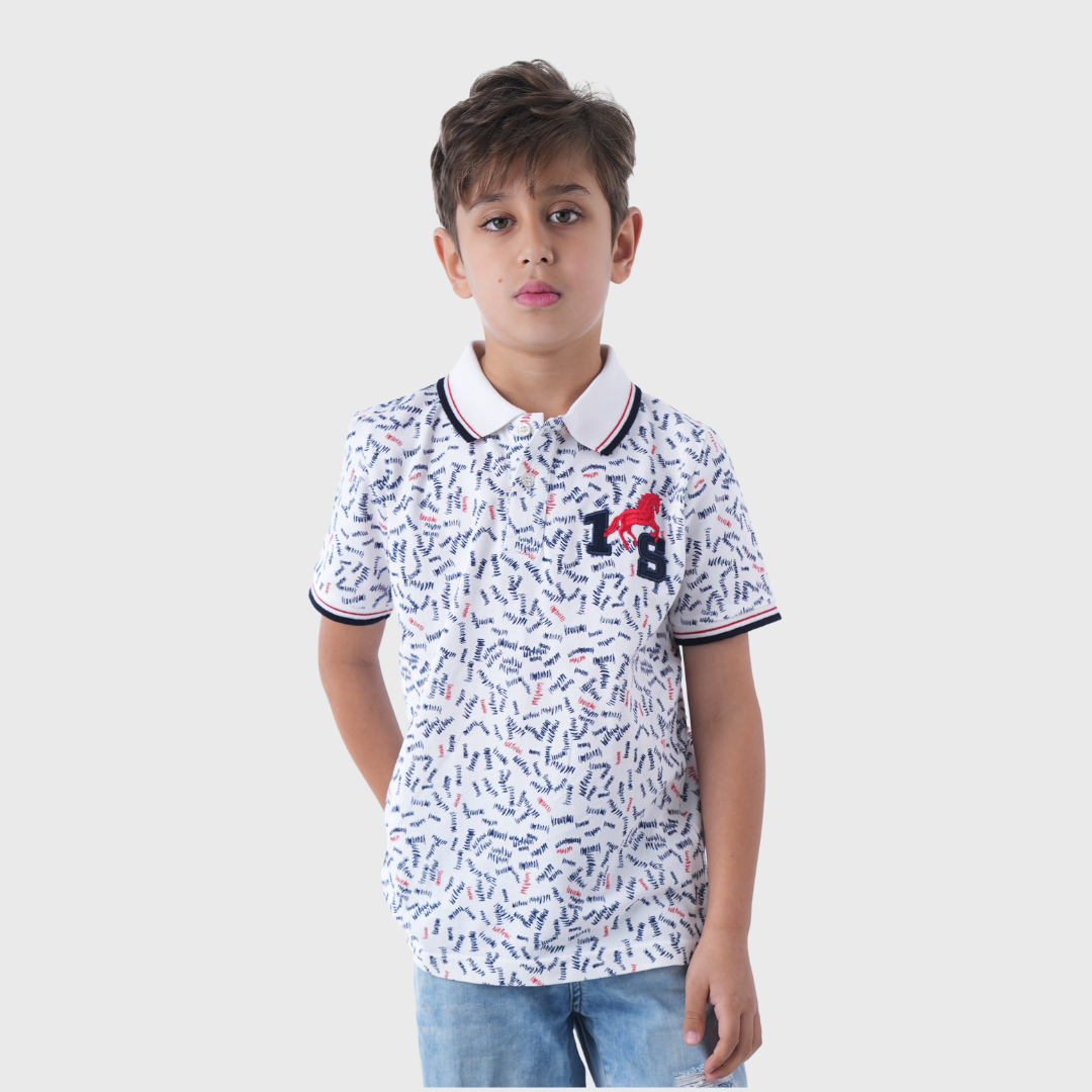 White Patterned Polo Shirt With Denim Jeans
