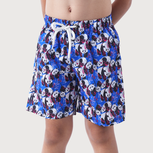 Blue Kids Swim Shorts With Panda And Leaf Pattern