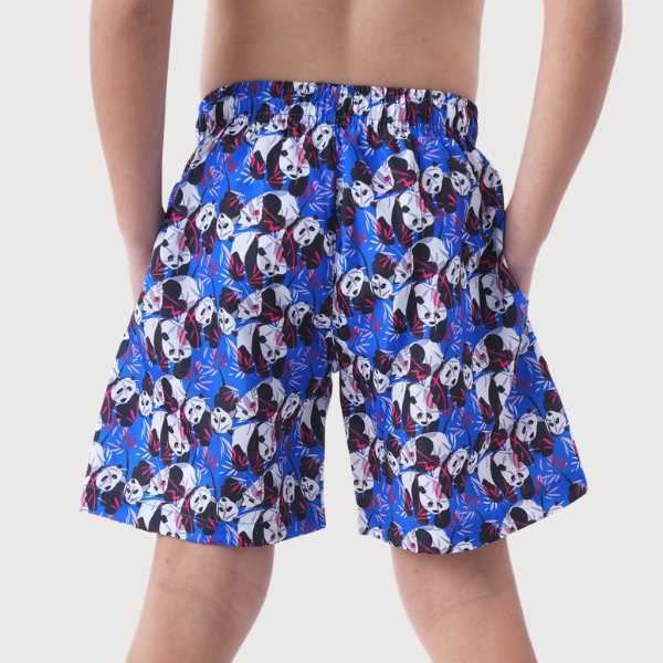 Blue Kids Swim Shorts With Panda And Leaf Pattern