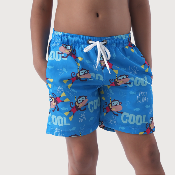 Bright Blue Kids Swim Shorts With Cartoon Monkey Pattern