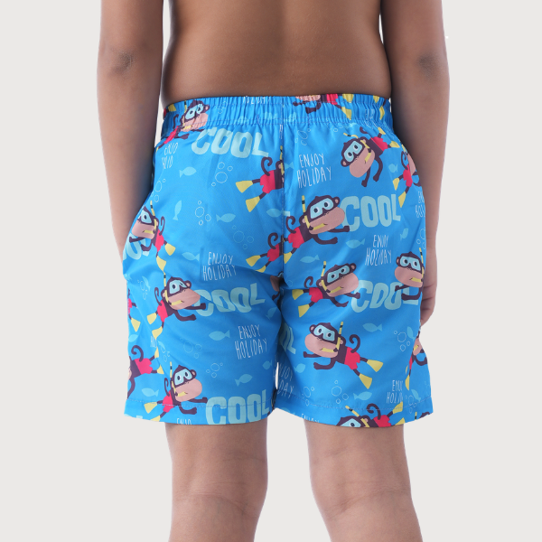 Bright Blue Kids Swim Shorts With Cartoon Monkey Pattern