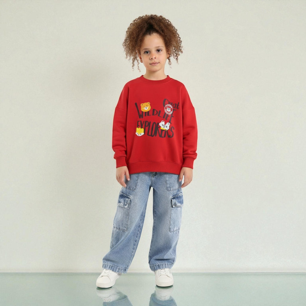 Sweatshirt with Cartoon Animal Faces and WILDLIFE EXPLORERS Front Print