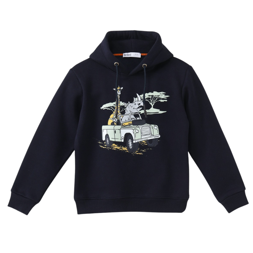 Hoodie With Front Print Giraffe & Rhino Safari
