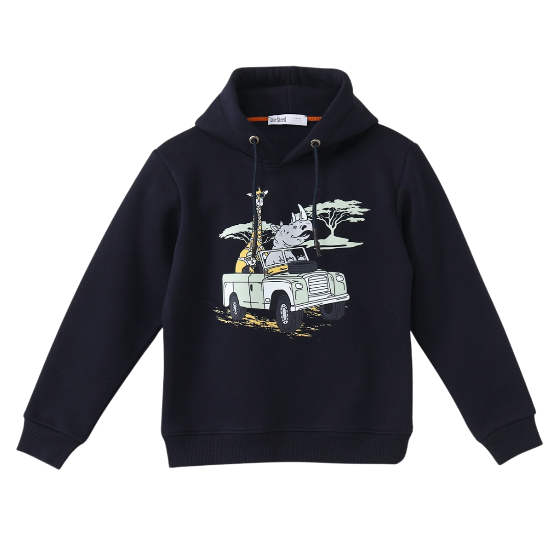 Hoodie With Front Print Giraffe & Rhino Safari