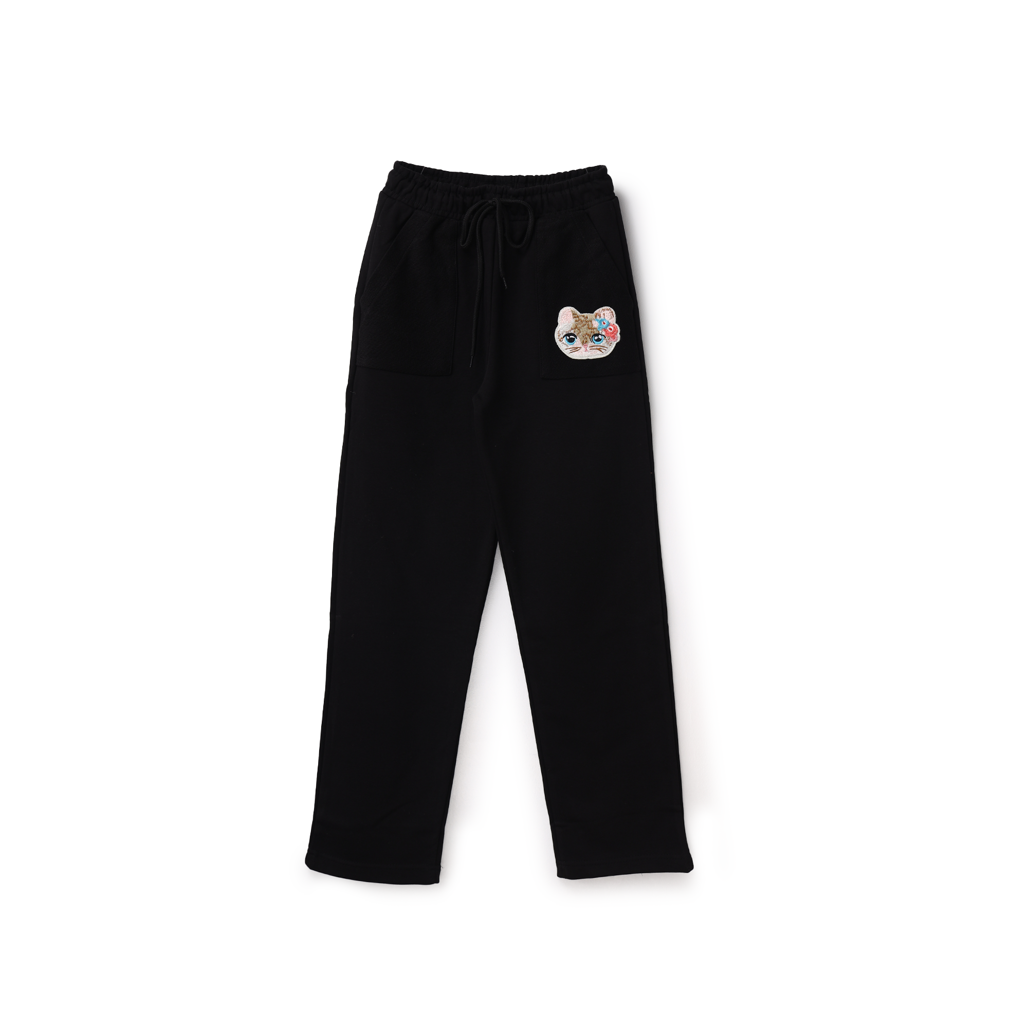 Black Sweatpants With Cat Embroidered Patch